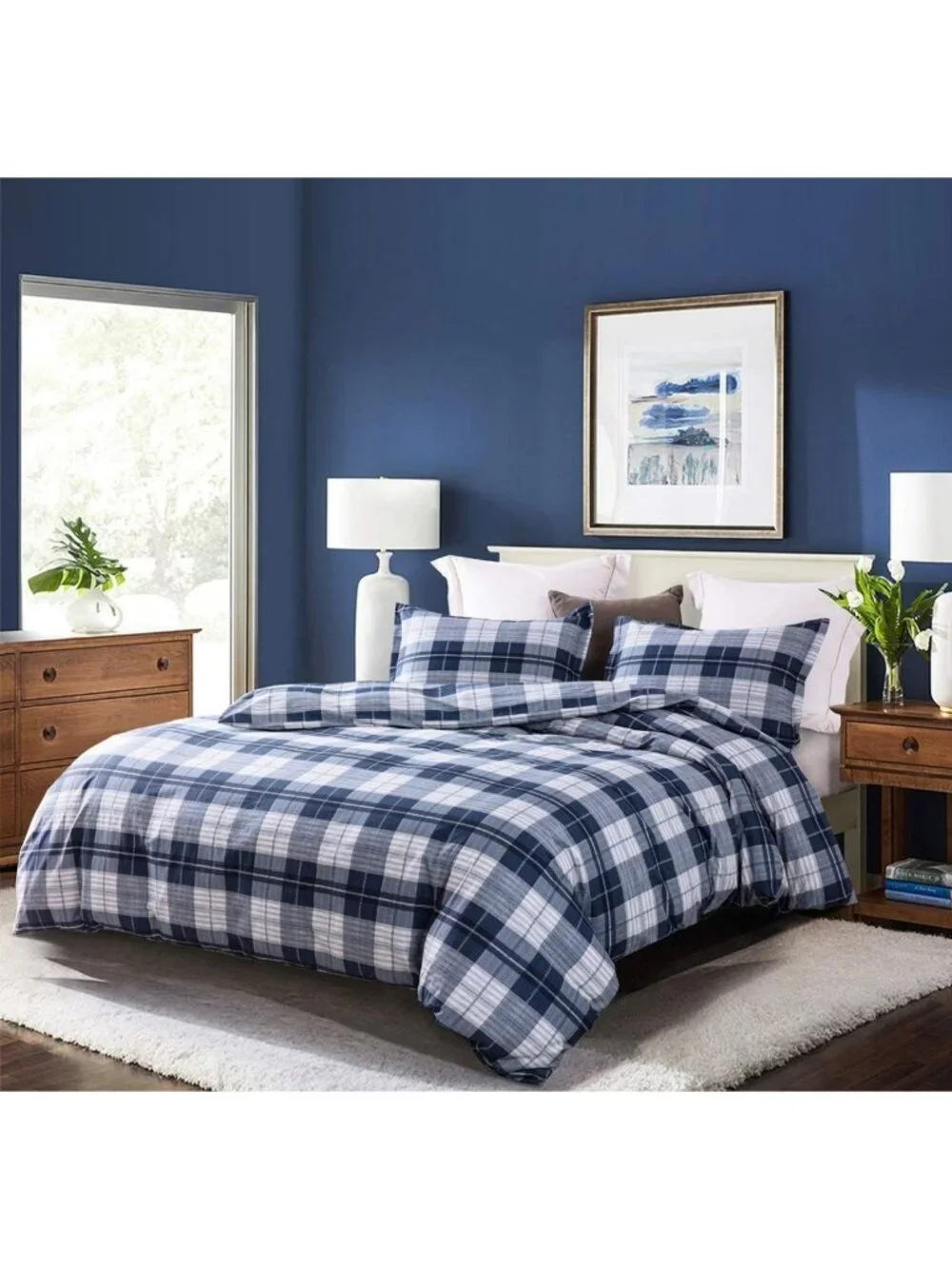 Cozy Queen Comforter Set, 600 Thread Count Cotton, Navy Blue & Grey Plaid, 3